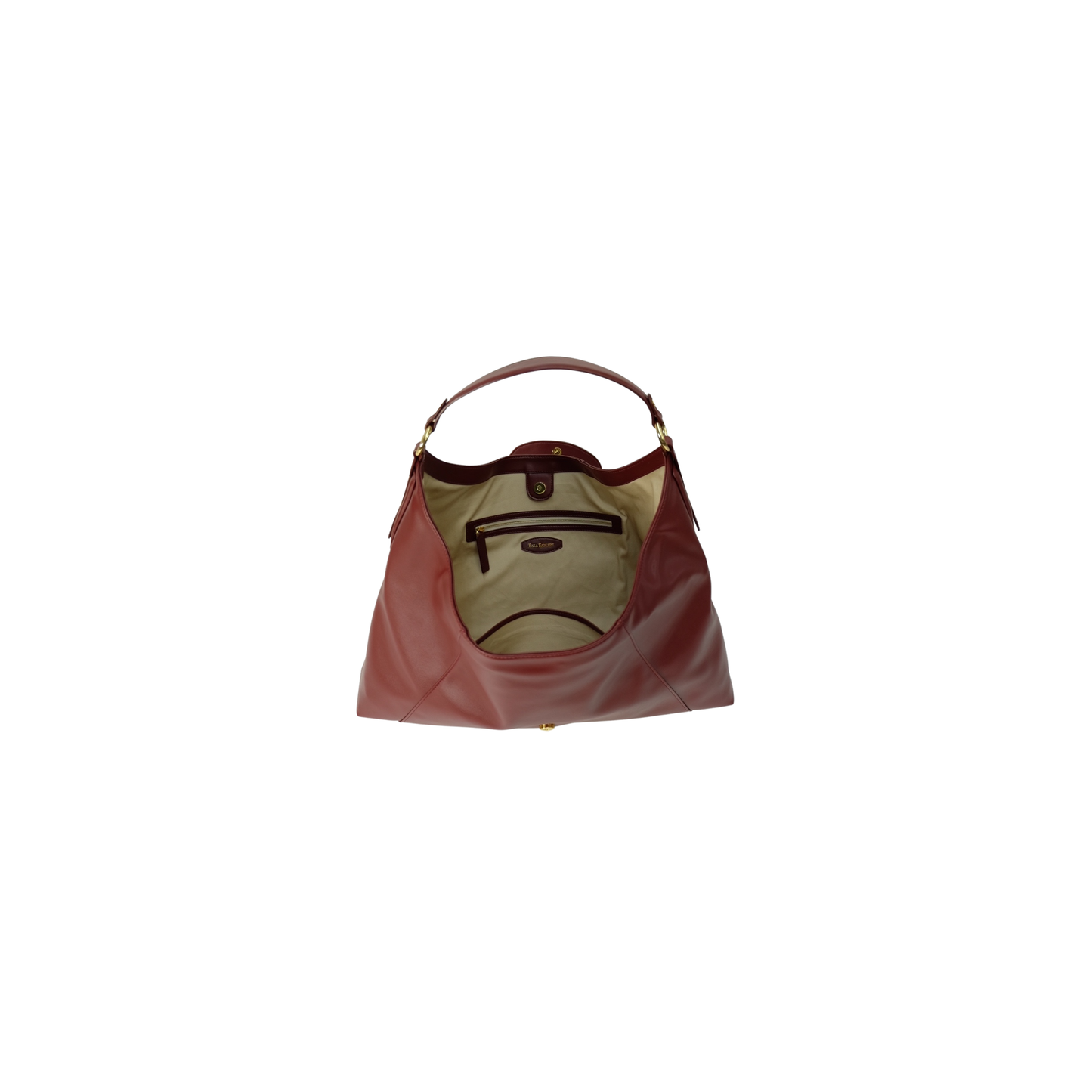 ruby colored kaila katherine vegan leather boho bag with cream upholstery inside